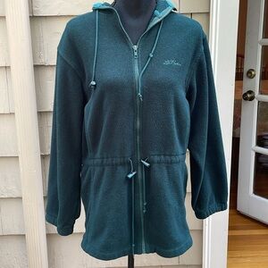 L.L.Bean Green Fleece Jacket - long with hood and drawstring at waist Excellent
